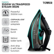 Tower CeraGlide Steam Iron 3100W Black Teal