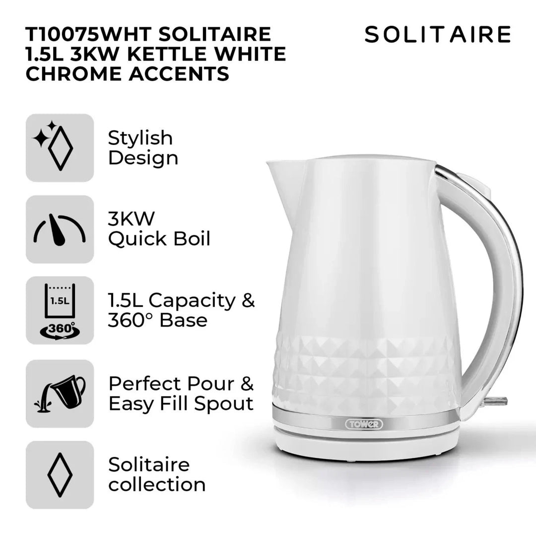 Tower Solitaire Kettle 1.5L 3kW White Chrome