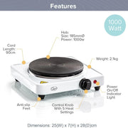 Quest Single Electric Hob 1500W 5 Settings White