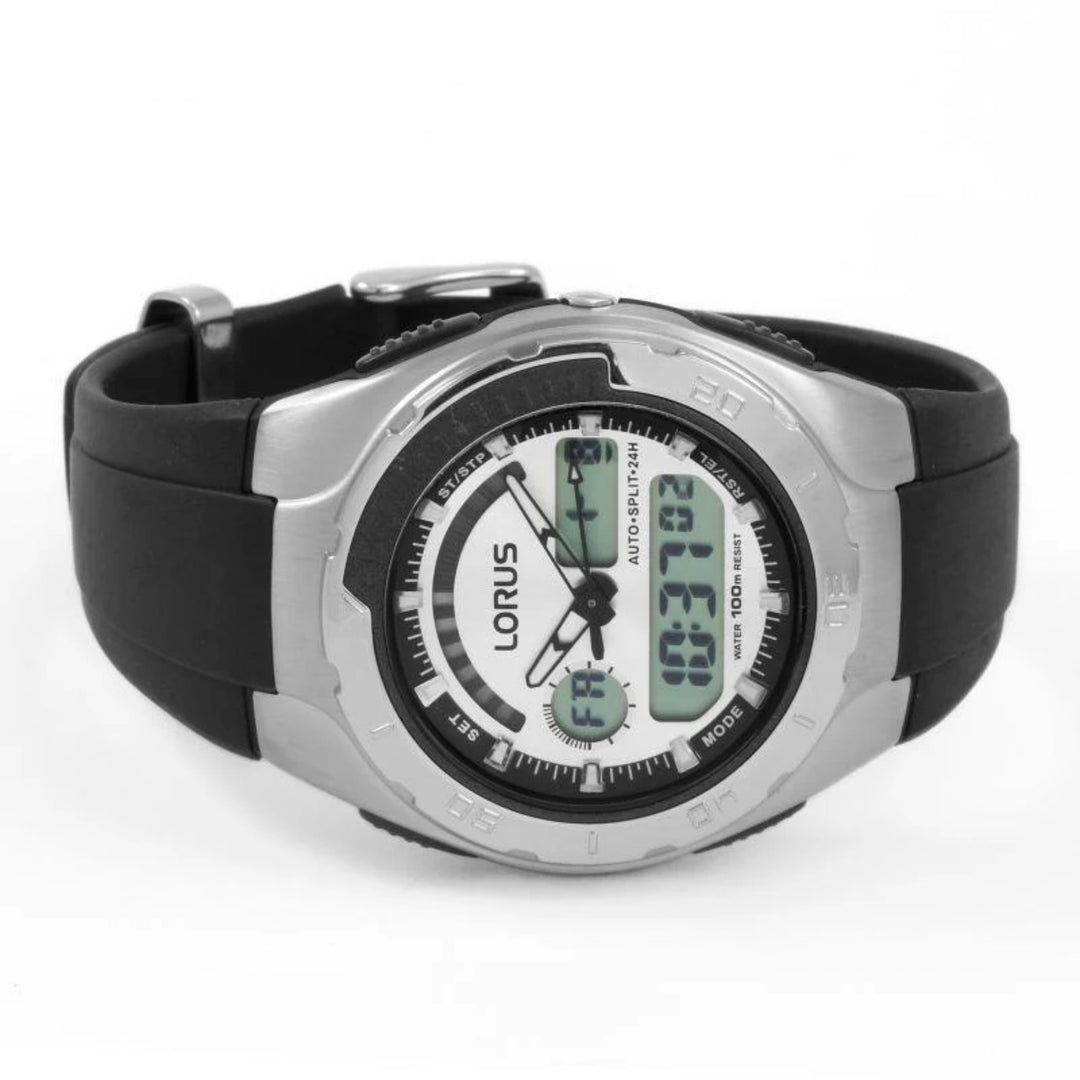 Lorus Mens Dual Time Chronograph Watch Black Strap