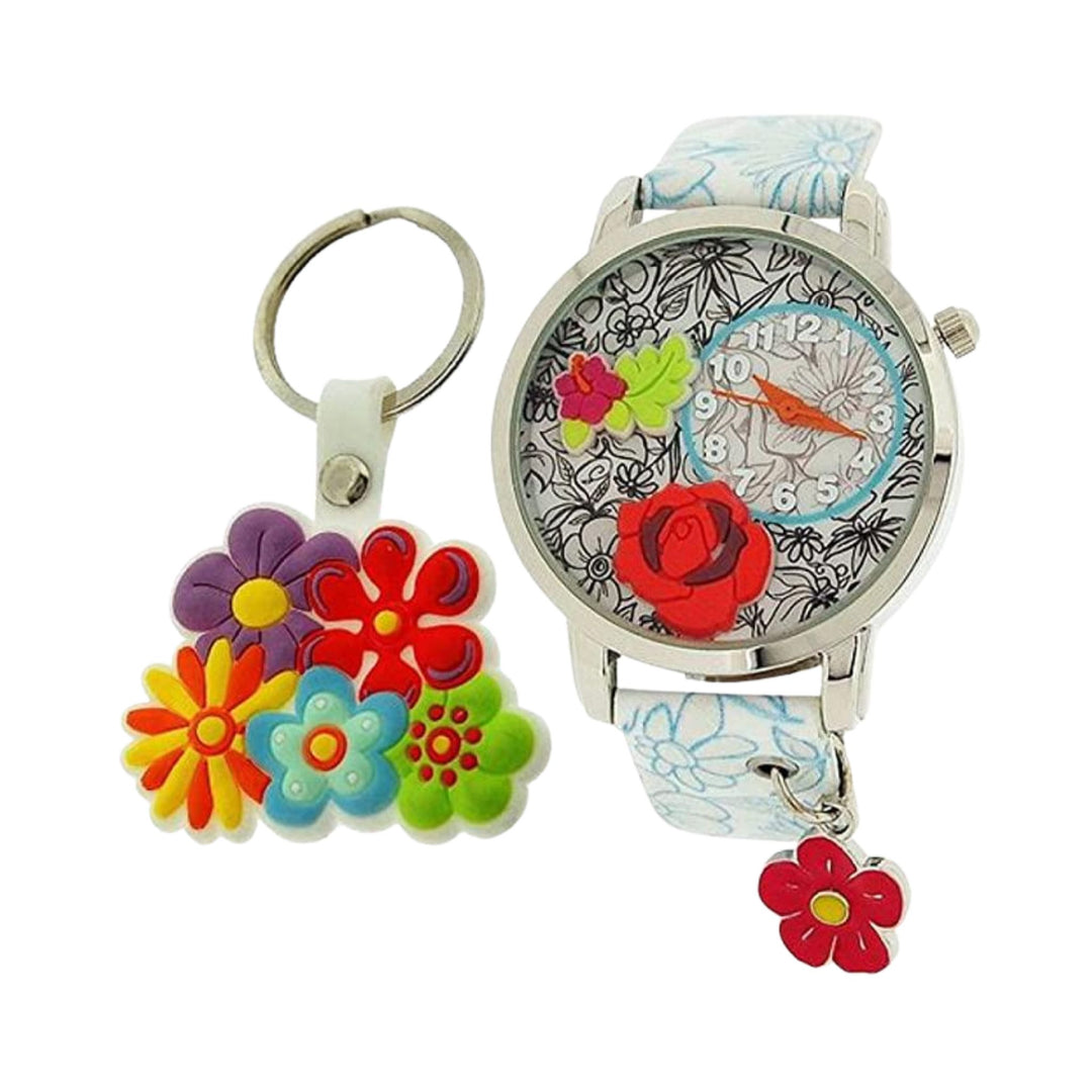 Time Design Kids Floral Watch Key Ring Set Analogue