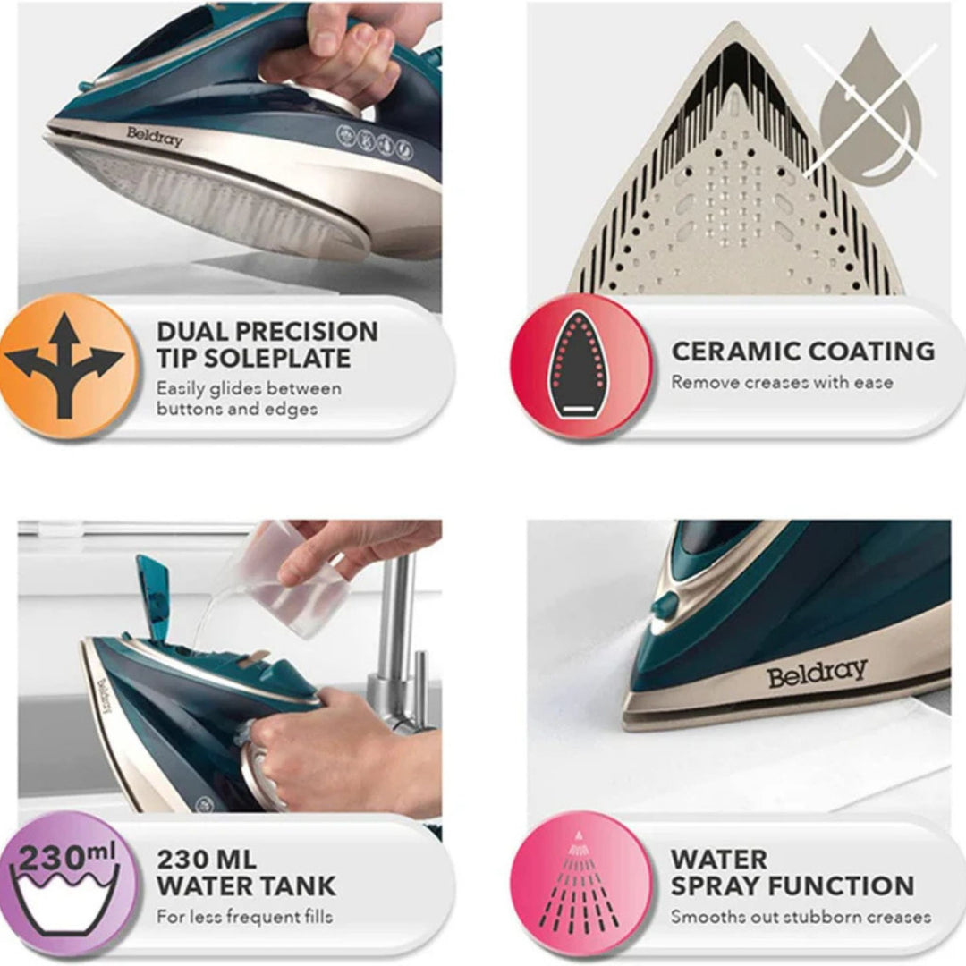Beldray Duo Glide 2200W Ceramic Steam Iron White Gold
