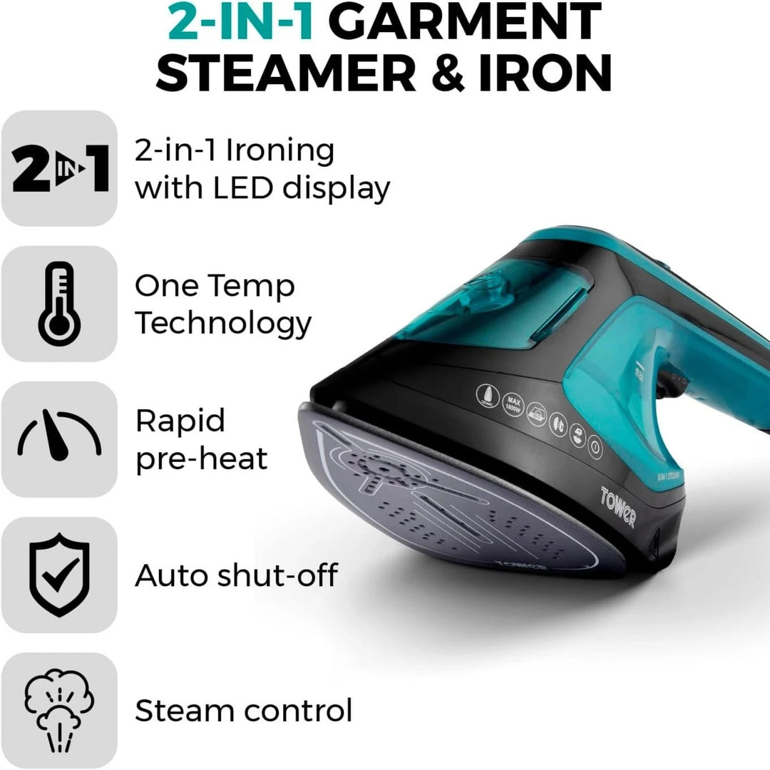 Tower 2 in 1 Garment Steamer Iron 1800W LED Teal