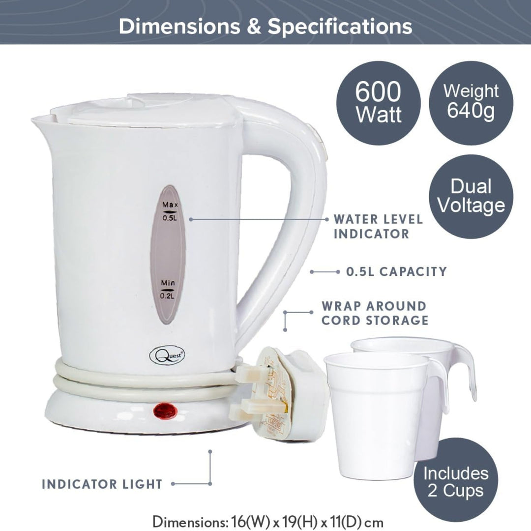 Quest Dual Voltage Travel Kettle 0.5L 2 Cups White