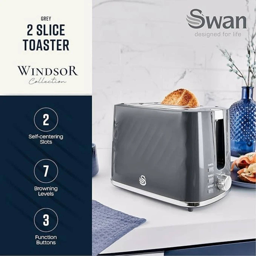 Swan Windsor 2 Slice Toaster 900W 7 Settings Grey