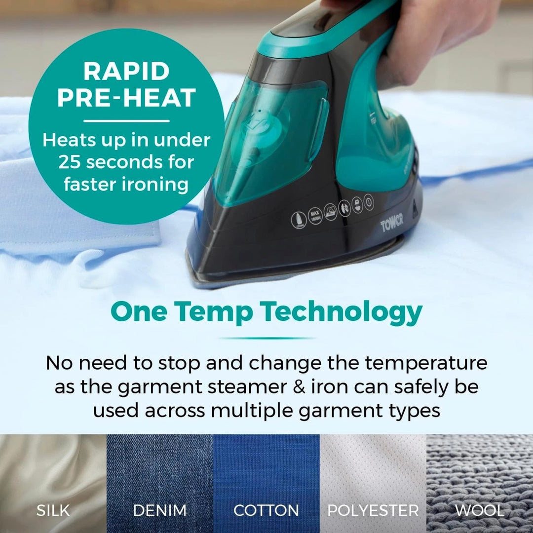 Tower 2 in 1 Garment Steamer Iron 1800W LED Teal
