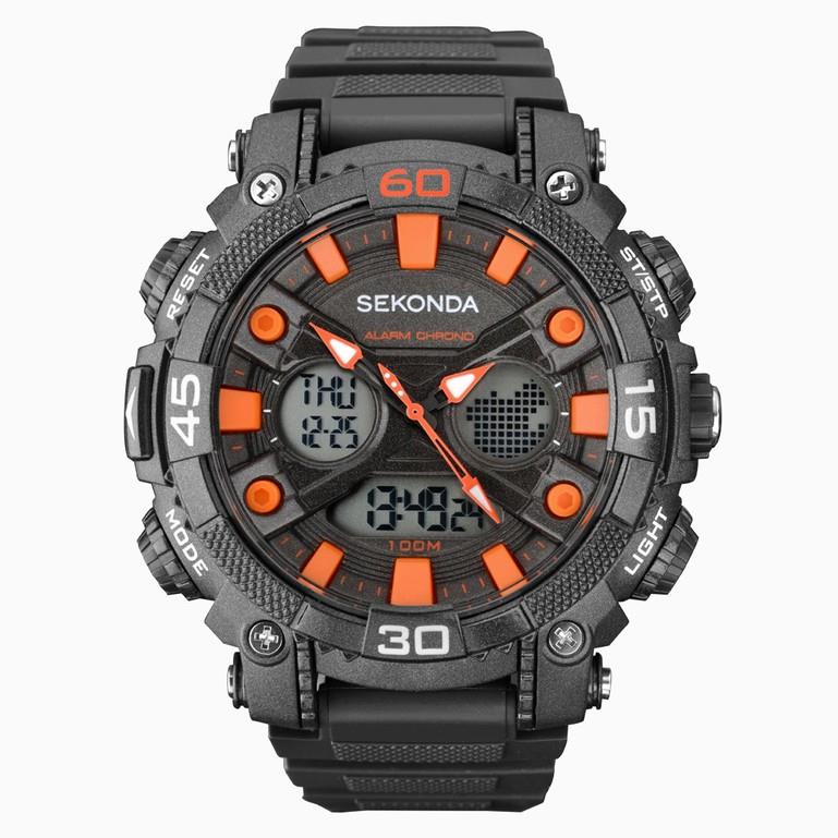 Sekonda Mens Sports Dual Time Watch Black Orange 100m